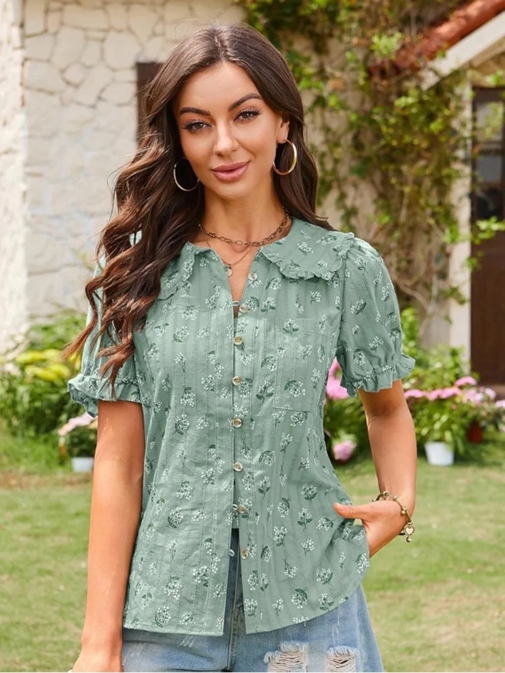 Ecowish Sage Green Floral Puff-Sleeve Button Front Blouse - Picture 9 of 16